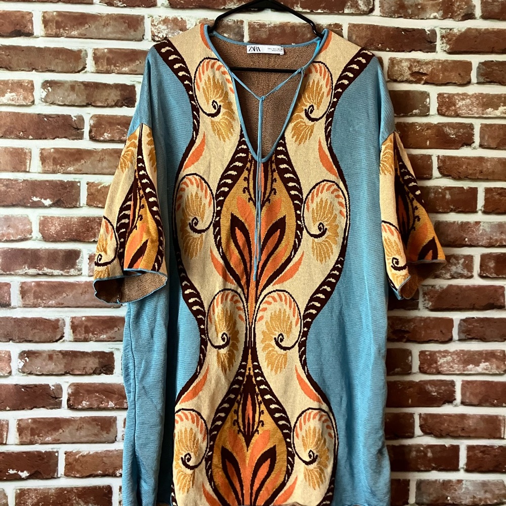 Zara Oversized Boho Knit Tunic Sweater Dress Floral Jacquard Large